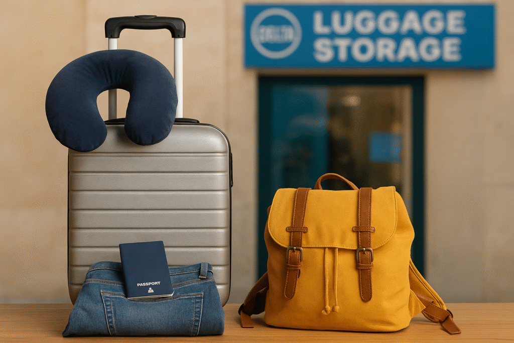 Travel essentials including suitcase with neck pillow, jeans, passport, and yellow backpack in front of a luggage storage shop.