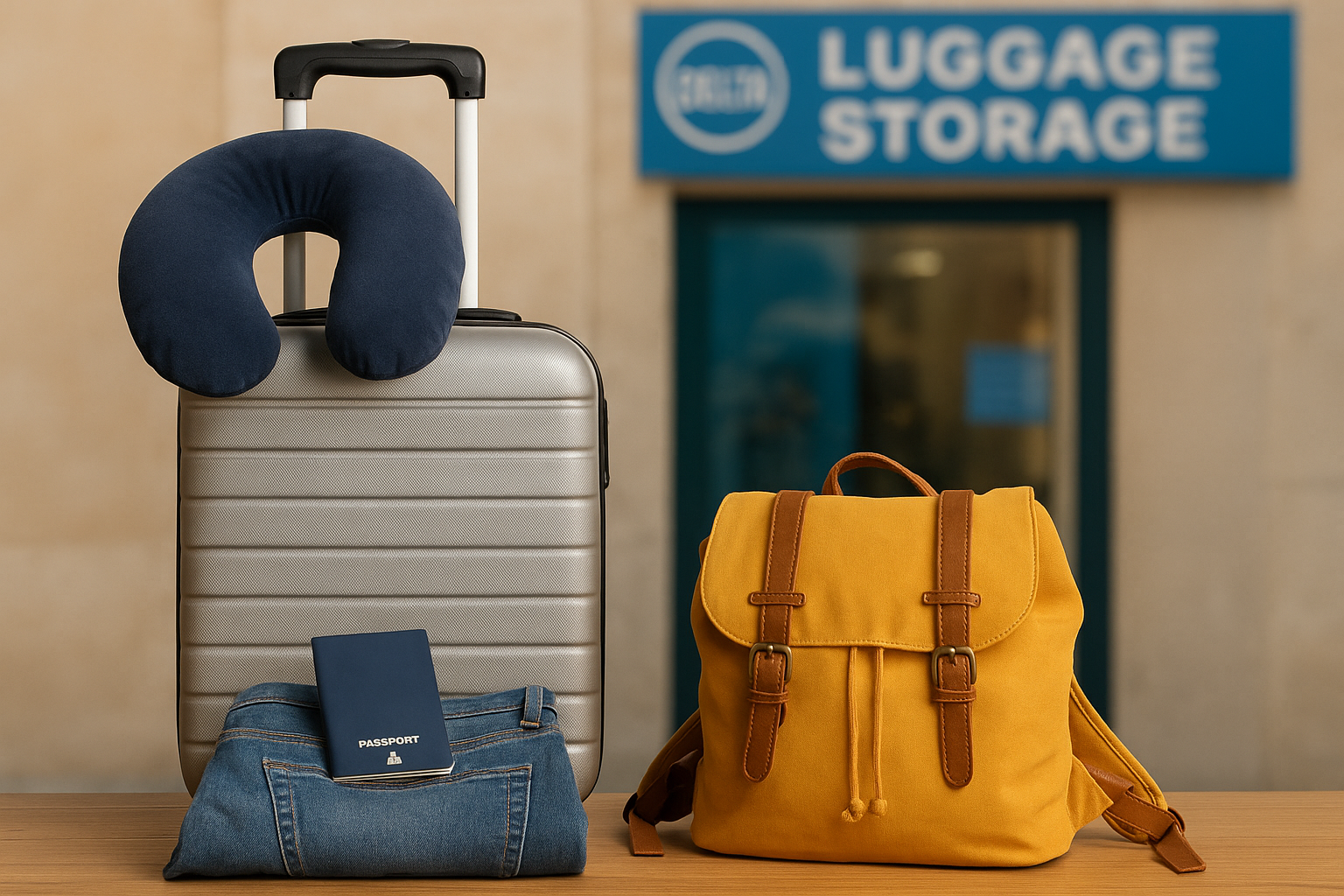 Travel essentials including suitcase with neck pillow, jeans, passport, and yellow backpack in front of a luggage storage shop.