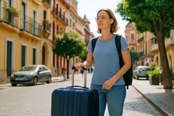 A traveler drops off luggage after checking out in Sevilla and prepares to explore bag-free before their flight.
