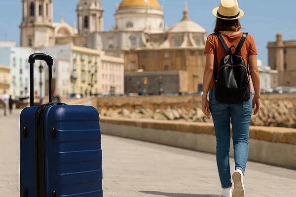 Traveler walking bag-free near Cádiz Cathedral with suitcase in foreground on a sunny day