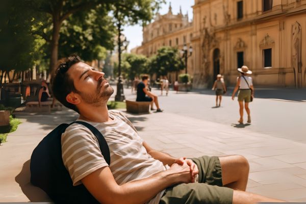 Tourist resting on a bench in sunny Sevilla during summer