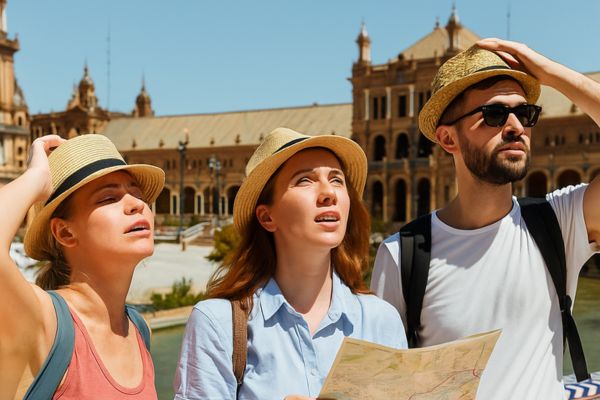 Tourists exploring sunny Sevilla in summer, wearing hats and staying hydrated in hot weather
