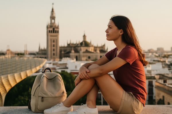 A young traveler enjoying a peaceful moment in Seville with no bags in sight, symbolizing a light and relaxed stopover experience.