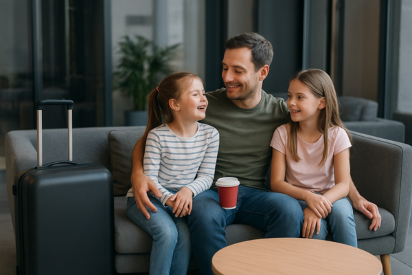 Father with kids in Sevilla resting during a day without a hotel room